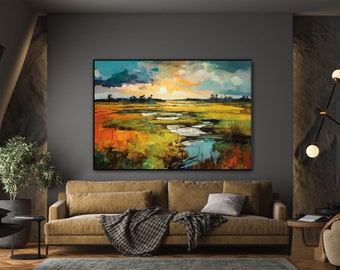 Nature, Meadow, Rural, Puddles, Sunrise 100% Handmade, Textured Painting, Acrylic Abstract Oil Painting, Wall Decor Living Room, Office Wall