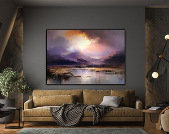 Paisaje del cielo, Vista del atardecer, Valle, Río 100% hecho a mano, Pintura texturizada, Pintura al óleo abstracta acrílica, Decoración de pared Sala de estar, Pared de oficina