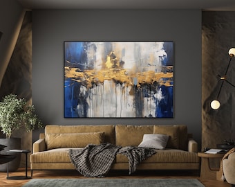 Azul marino, negro, oro, gris 100% hecho a mano, pintura texturizada, pintura al óleo abstracta acrílica, decoración de pared sala de estar, arte de pared de oficina