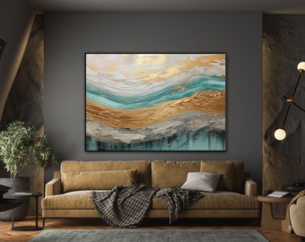 Gold, Blue, Gray, Black 100% Handmade, Textured Painting, Acrylic Abstract Oil Painting, Wall Decor Living Room, Office Wall Art