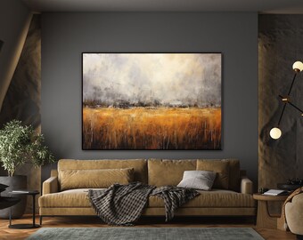 Rural, Prado, Cielo Oscuro, Cebada 100% Hecho a mano, Pintura Texturizada, Pintura al óleo abstracta acrílica, Decoración de pared Sala de estar, Arte de pared de oficina