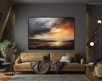 Sonnenuntergangslandschaft, Meereslandschaft, Meereslandschaft, 100 % handgefertigt, Strukturgemälde, abstraktes Acryl-Ölgemälde, Wanddekoration, Wohnzimmer, Büro