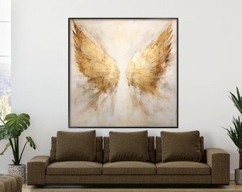 Wings, Angel Wings, Gold, Beige 100% Handmade, Textured Painting, Acrylic Abstract Oil Painting, Wall Decor Living Room, Office Wall Art