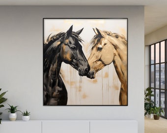 Horse Love, Black Horse, Gold Horse, Beige 100% Handmade, Textured Painting, Acrylic Abstract Oil Painting, Wall Decor Living Room, Office