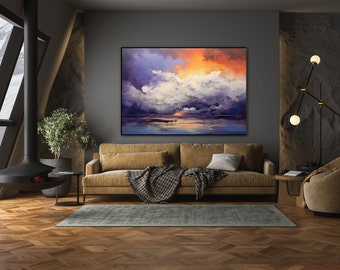 Sea Scenery, Ocean Scenery, Sunset, Purple, Orange 100% Handmade, Textured Painting, Acrylic Abstract Oil Painting, Wall Decor Living Room
