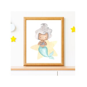 Arte de pared digital Grey Hair Mermaid para una guardería o una habitación para niños pequeños