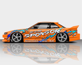 Puede incluir: Coche naranja con un diseño gráfico azul y blanco. El coche tiene la palabra "SPONSOR" escrita en el lateral con el texto "liveries.com.au" debajo.