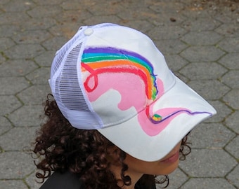 Pride Painted cap,    white Cargo Hat, Rainbow cap, painted baseball cap, LGBTQ+ hats unisex, dad hats, white cargo print hats , unique hat