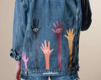 Peace only Denim Jacket, Hand Painted denim, Jean Jacket painted , Peace jackets, Oversized Denim Jacket, palms pained on clothes
