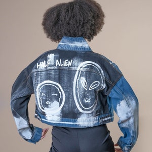 Painted jean jacket | Jacket with faces| Cropped denim jacket for women| Hand painted jacket-Unique clothes- Women’s jacket with Alien face