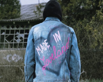 Hand-Painted Denim Jacket – "Made in Loveland" Heart Design
