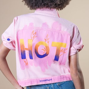 Hot Hand painted Pink Denim Jacket | Colorful Summer Fashion | Short Sleeves | Women&#39;s Street Style |Artistic Bright and Stylish jean jacket