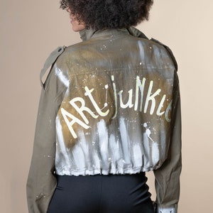 Hand Painted Military Jacket with Art Junkie Writing , Fashionable Street Style Jacket, Painted Jean Jacket, Loose Fit Jacket image 6