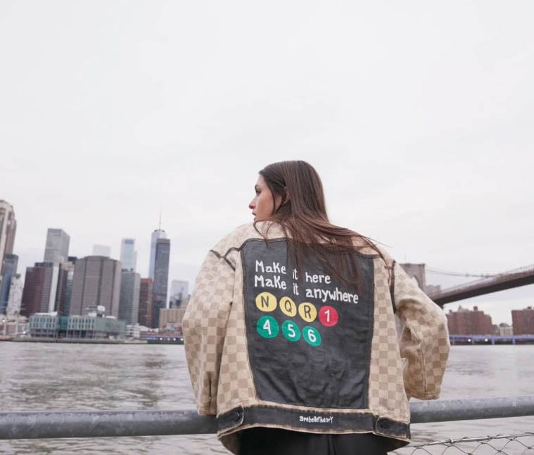 Hand Painted NYC Subway Denim Jacket Checker Print Beige Jacket Etsy Hand Painted NYC Subway Denim Jacket Checker Print Beige Jacket Etsy