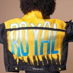 Denim Jacket with Royal painted-queen  jacket-hand painted clothes for women-yellow denim jacket- girl power jackets-Paint Jean Jacket
