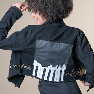 Music Painted Jean Jacket | Black Cropped Denim Jacket |Piano Keys Design Painted |Distressed Back Jacket| Hand Painted Denim Jacket