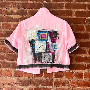 Hand-Painted Crochet Jacket -  Barbie Pink Jean Jacket embellished – Women’s Streetwear -Short Sleeve  Denim Jacket -Hand Painted Clothes