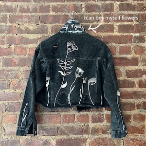 Hand-Painted jacket with flowers - Ripped Jean Jacket for Women- Miley Cyrus Jacket  -Loose Fit Cropped Denim Jacket -Hand Painted Clothes