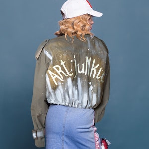 Hand Painted Military Jacket with Art Junkie Writing , Fashionable Street Style Jacket, Painted Jean Jacket, Loose Fit Jacket image 1