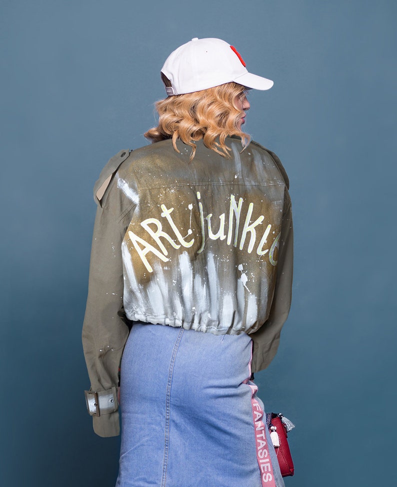 Hand Painted Military Jacket with Art Junkie Writing , Fashionable Street Style Jacket, Painted Jean Jacket, Loose Fit Jacket image 1