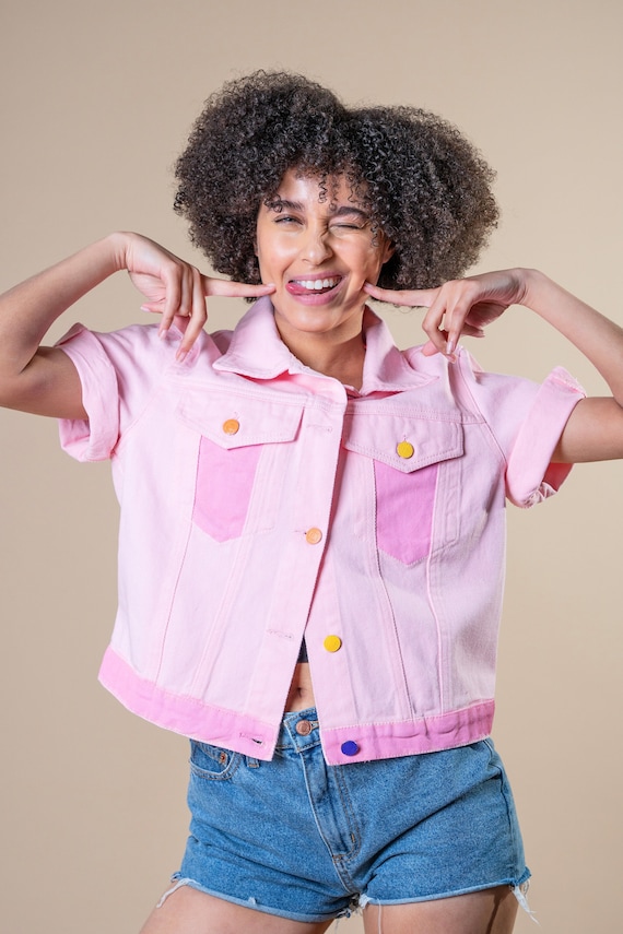 Heiße Handbemalte Rosa Jeansjacke Bunte Sommermode Kurze Ärmel