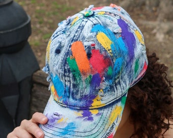 Pride | Hand Painted Pride Baseball Cap- Custom Rainbow Trucker cap - Unisex caps -Artistic Caps- Colorful Handmade hat-Abstract painted Cap