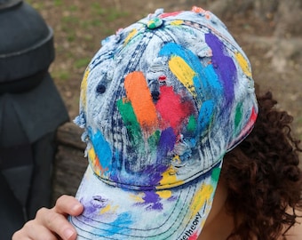 Pride | Hand Painted Pride Baseball Cap- Custom Rainbow Trucker cap - Unisex caps -Artistic Caps- Colorful Handmade hat-Abstract painted Cap