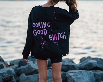 Hand Painted Oversized Sweatshirt for women| Black distressed sweatshirt| Unique clothes for women|Oversized sweatshirts|Colorful clothes