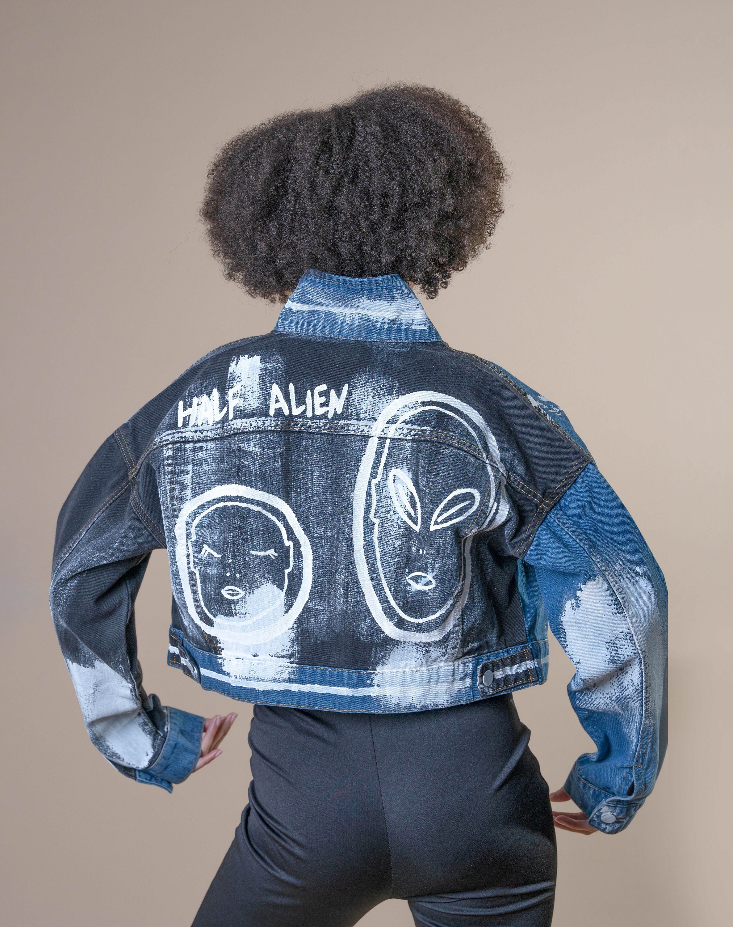 Hand-painted Denim Jacket | Cropped Alien Face Jean Jacket - Etsy