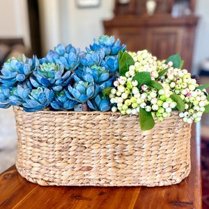 May include: A rectangular woven basket overflowing with blue succulents and white berry stems. The basket is made from natural fibres. The succulents display a gradient of blue shades, and the berries are accented with green leaves.