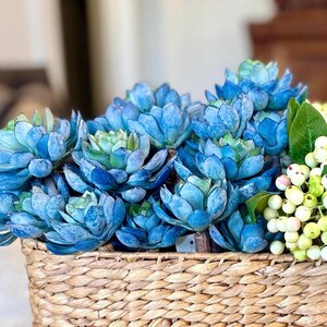 May include: A wicker basket filled with blue succulent plants. The succulents display a gradient of blue shades, with touches of green in the middle. White berries and green leaves are also present, providing contrast to the display.