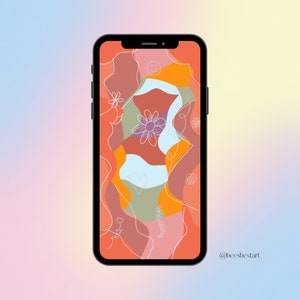Op de afbeelding: Een telefoonscherm met een kleurrijke abstracte achtergrond met golvende lijnen en vormen in tinten oranje, rood, roze en blauw. De achtergrond is versierd met witte lijntekeningen van bloemen, harten en andere eenvoudige ontwerpen. De tekst "@beesbestart" is zichtbaar in de rechterbenedenhoek van het scherm.