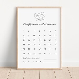 Baby countdown met babyvoetjes in het hart, 42 weken voor mooie herinneringen, muurschildering, poster, kaart, digitale download