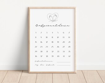 Baby Countdown With Baby Feet In The Heart 42 Weeks For Beautiful Memories Wall Art Poster Card Digital Download