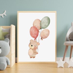 Cuadro infantil "Osito con globos" cuadro de pared habitación infantil, cartel infantil, cartel para habitación bebé, impresión digital, PNG, A3, descarga digital