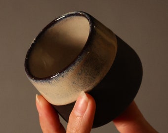 Japanese Style Handmade Black Stoneware Ceramic Cup, Single Espresso Cup, Turkish Coffee, Minimalistic Cup Glazed in Whiteish Blue, Gift