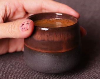 Japanese Style Handmade Black Stoneware Ceramic Cup, Single Espresso Cup, Turkish Coffee, Minimalistic Cup Glazed in Brown, Christmas Gift