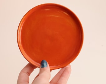 Blood Orange Flat Saucer, Handmade White Stoneware Ceramic, Small Size Breakfast Plate, Minimalistic, Glazed in Orange, Halloween Gift