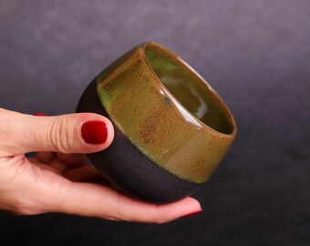 Black Stoneware, Ceramic Espresso Cup, Turkish Coffee Cup, Handmade Minimalistic Cup Glazed in Green, Gift for the Home