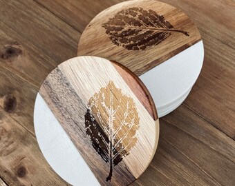 Leaf Print Wood and Faux Marble Coasters ~ Set of 4 ~ Hydrangea leaf Design ~ Original Art ~ Holiday Gift ~ PNW ~ Stocking Stuffer