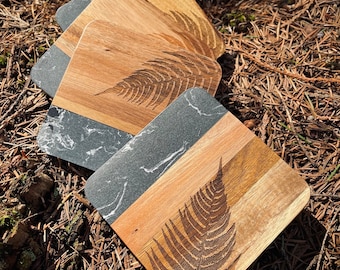 Fern Print Wood & Faux Marble Coasters - Nature Lover Gift, Set of 4