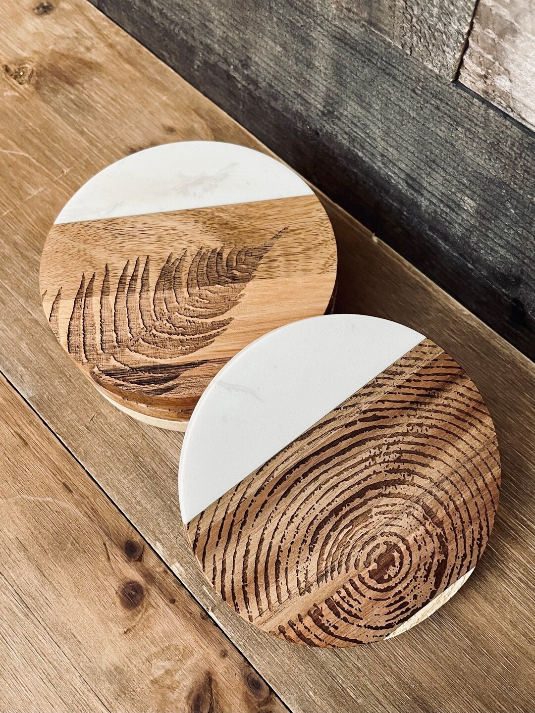 Nature Set Print Wood and Faux Marble Coasters ~ Set of 4 ~ Tree Ring ...