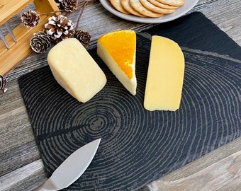 Tree Ring Print Slate Cheese Board: Engraved Rustic Charcuterie Board