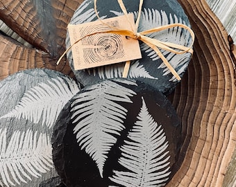 Fern Print Slate Coasters: Rustic Farmhouse Decor, Set of 4