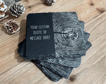 Custom Quote Slate Coasters: Rustic Tree Ring Print, Set of 4
