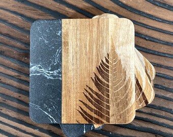 Fern Print Wood Coasters, Faux Marble Accent (Set of 4)
