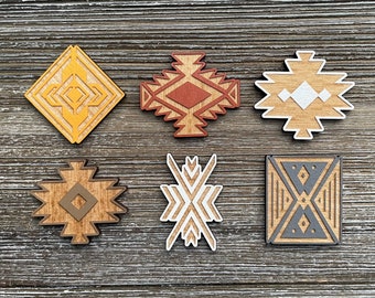 Aztec Southwest Magnets: Painted Wood Boho Decor, Set of 6