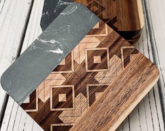 Aztec Wood and Faux Marble Coasters: Southwest Design, Set of 4