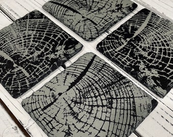 Tree Ring Slate Coasters: Rustic Nature Print, Set of 4
