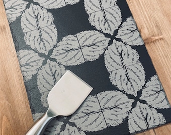 Engraved Hydrangea Leaf Slate Cheese Board: Rustic Charcuterie